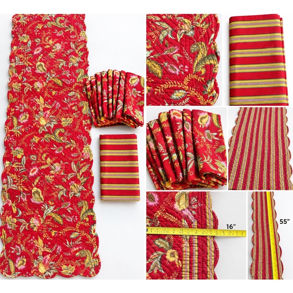 C&F Home Quilted Table Runner and Matching Cloth Napkins Set Red Floral